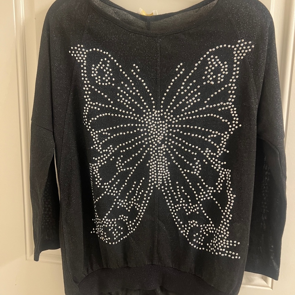 Black Top with Rhinestone Butterfly Design